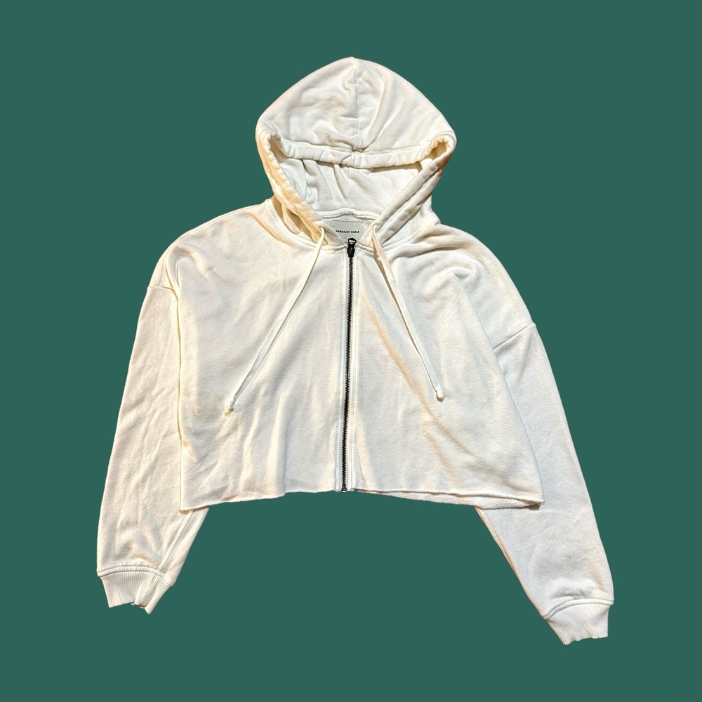 Oversized White, Cropped Zip Up Hoodie American Eagle Outfitters, Women's XS